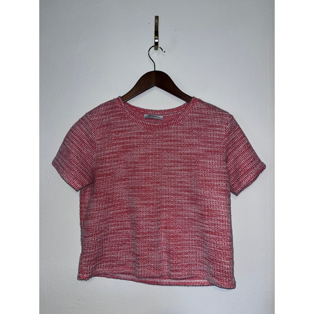 Zara Trafaluc Red White Textured Tweed Knit Short Sleeve Top Size Medium